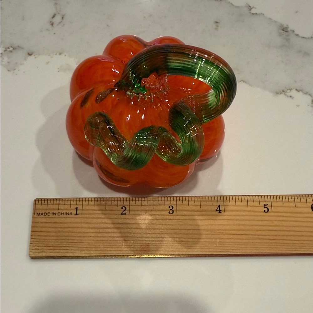Vibrant Glass Pumpkin Sculpture - Orange and Green - Picture 5 of 6
